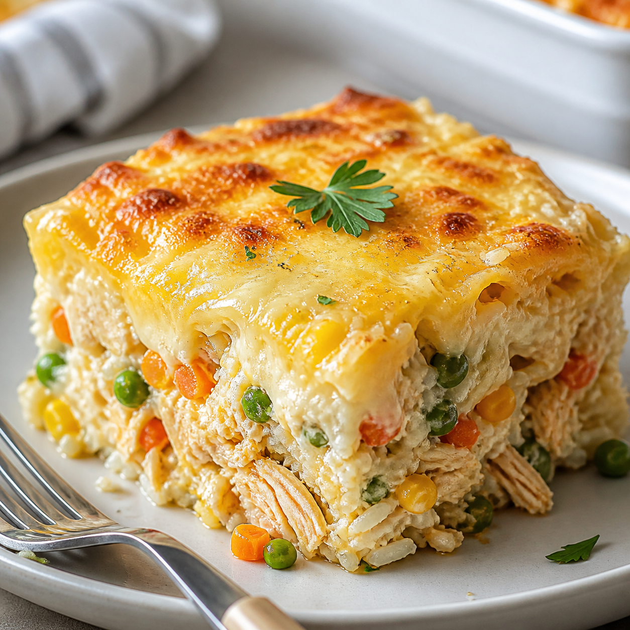 Detalhe da receita: arroz de forno cremoso com frango, legumes e queijo