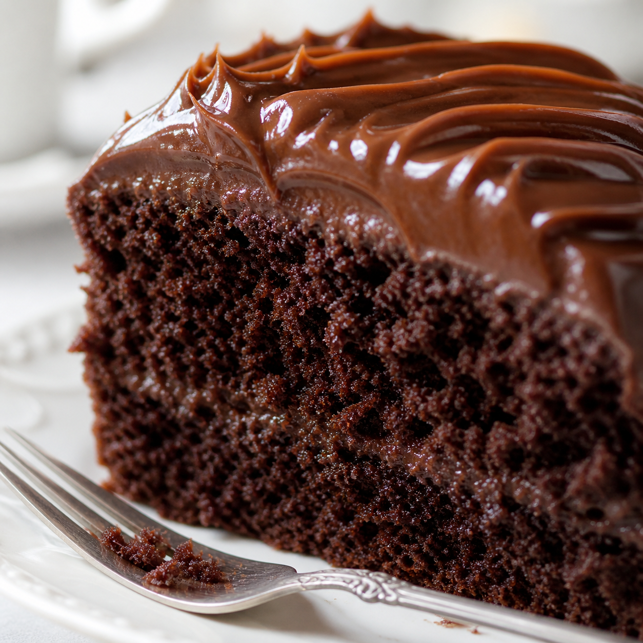 Detalhe da receita: bolo de chocolate alto e fofinho com cobertura cremosa de brigadeiro