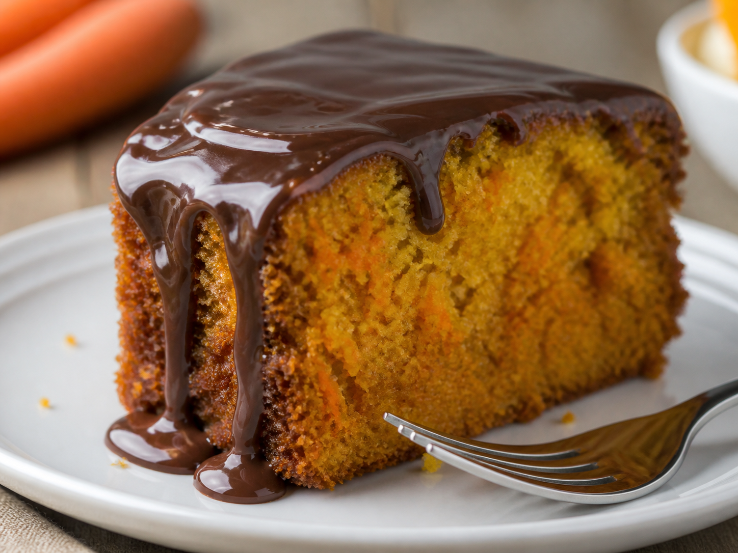Fatia de bolo de cenoura com ganache de chocolate cremosa