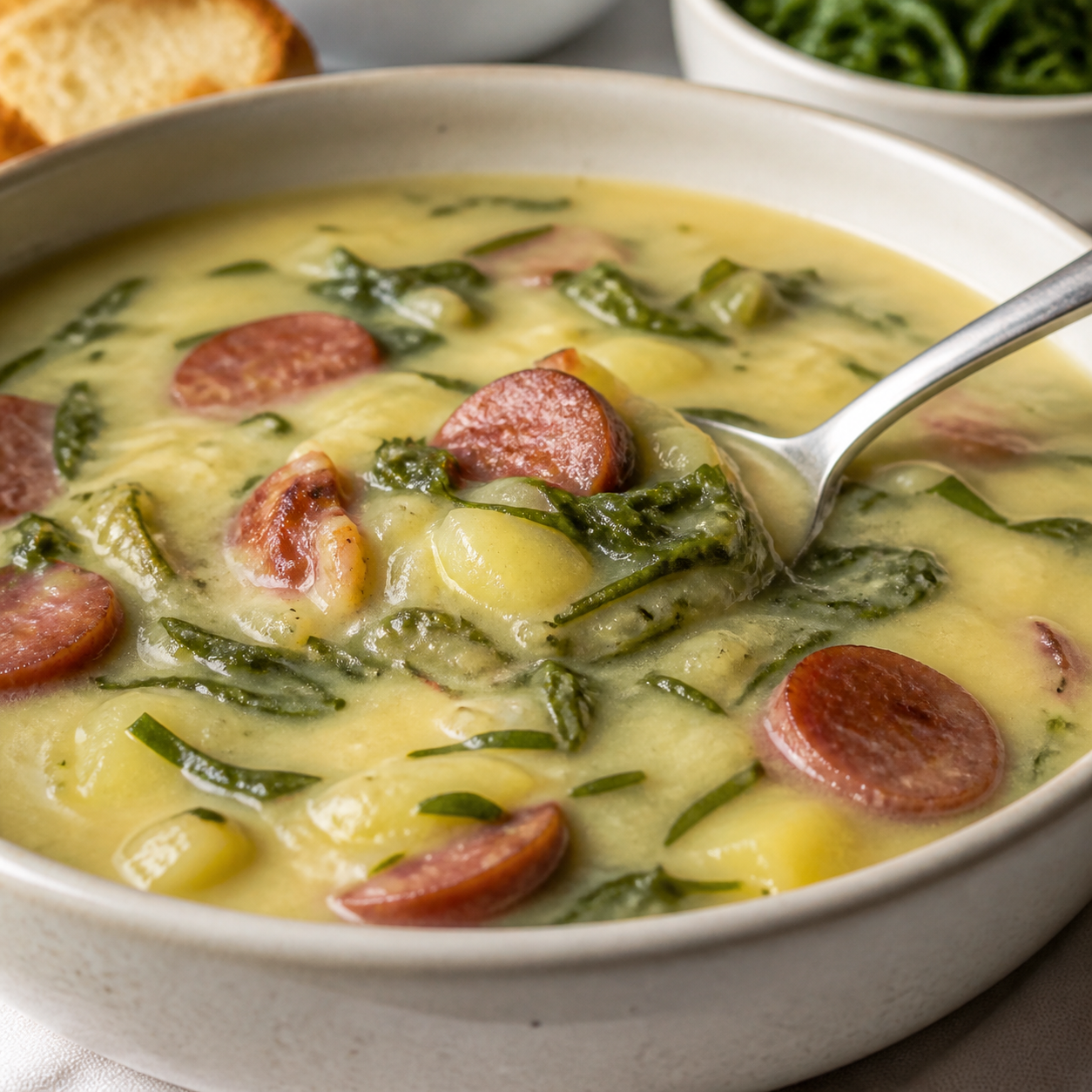 Detalhe da receita: caldo verde cremoso de batata com couve e calabresa
