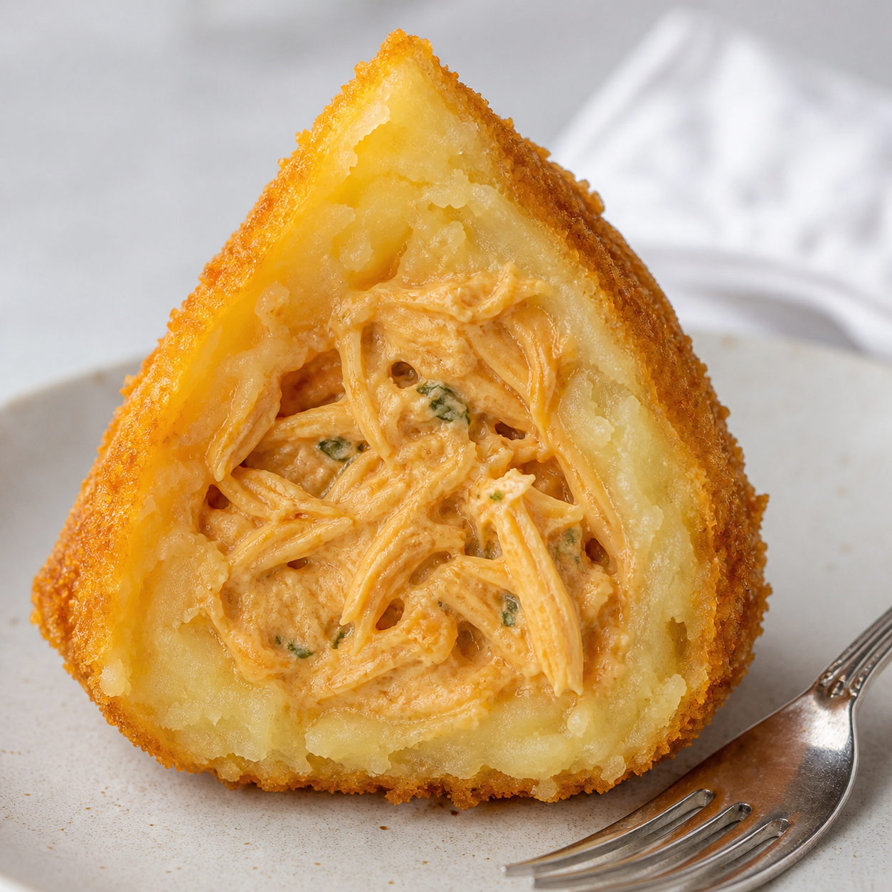 Detalhe da receita: coxinha de frango crocante com massa cozida no caldo