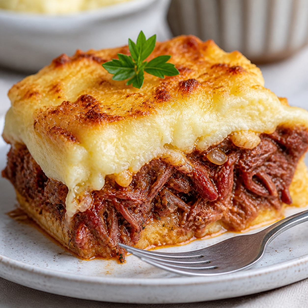 Detalhe da receita: escondidinho de carne seca com purê cremoso de mandioca