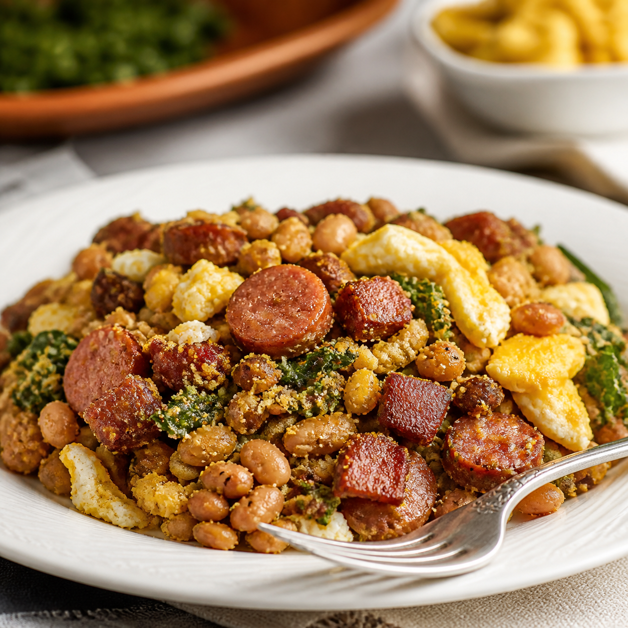 Detalhe da receita: feijão tropeiro mineiro com bacon, linguiça, ovos e couve