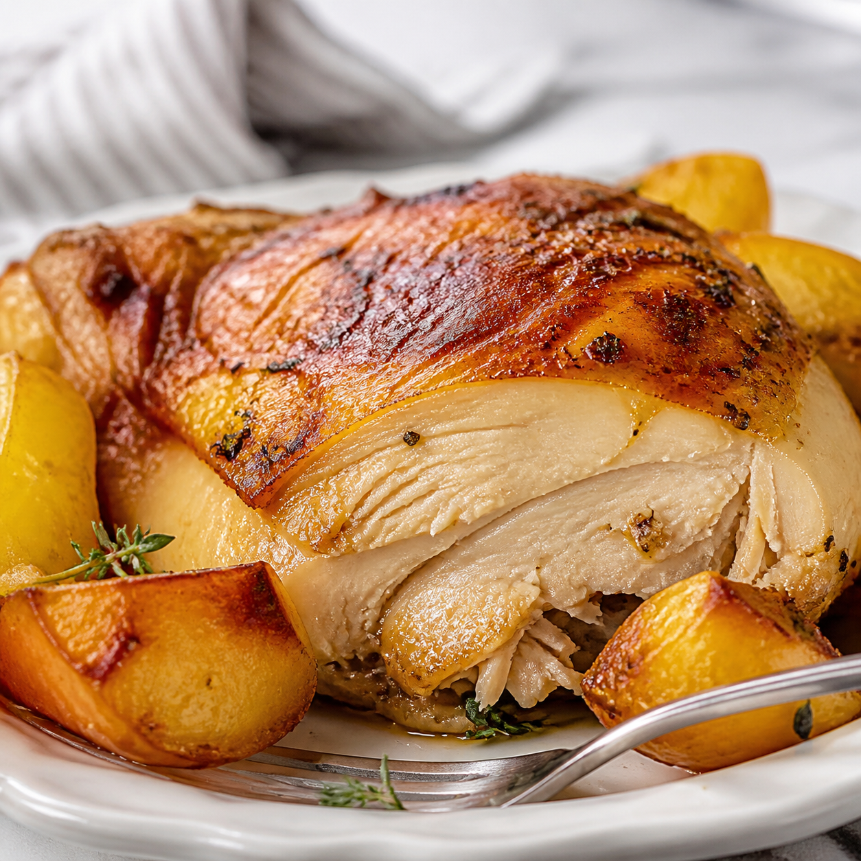 Detalhe da receita: frango inteiro assado suculento com batatas douradas