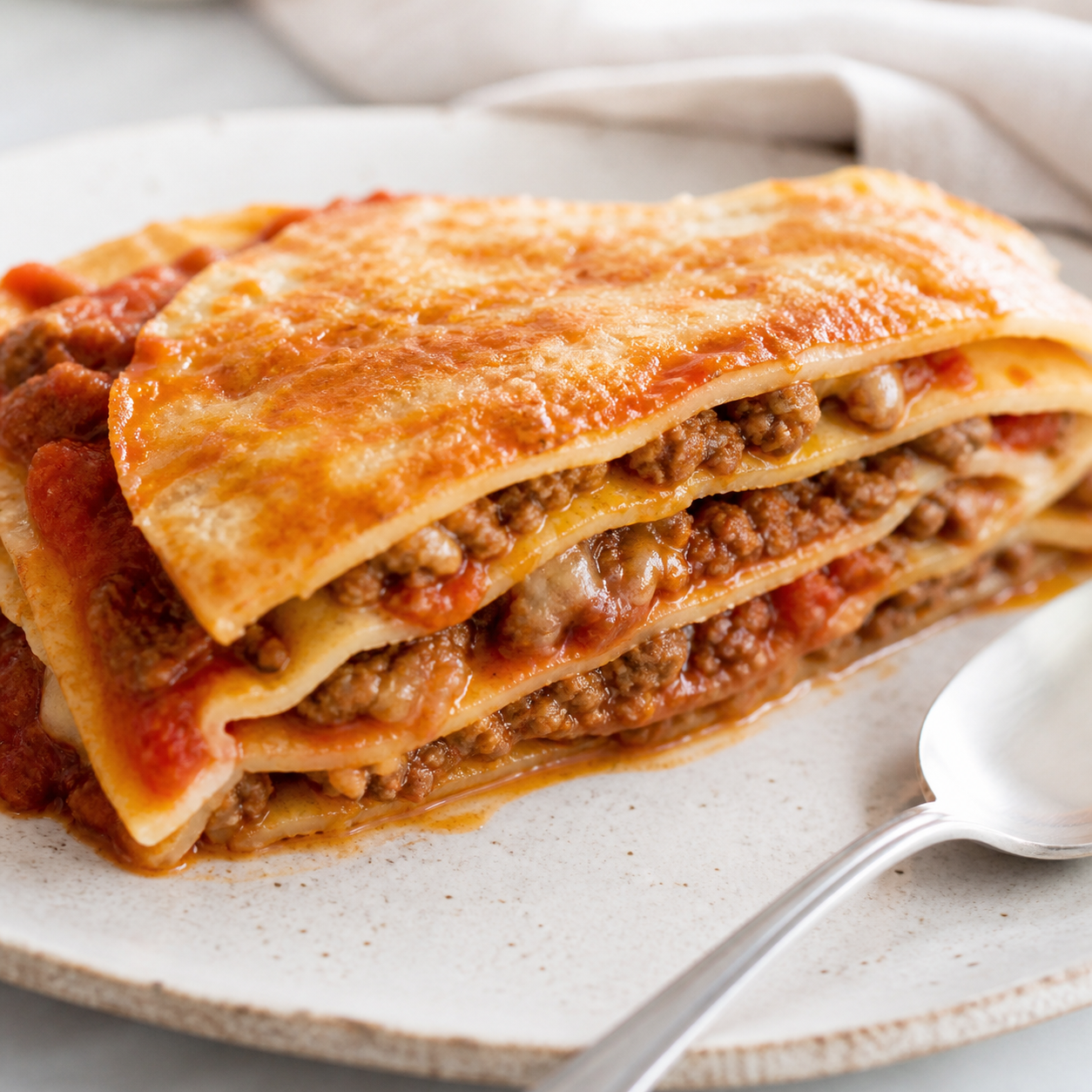 Detalhe da receita: panqueca de carne moída com massa fina e molho de tomate