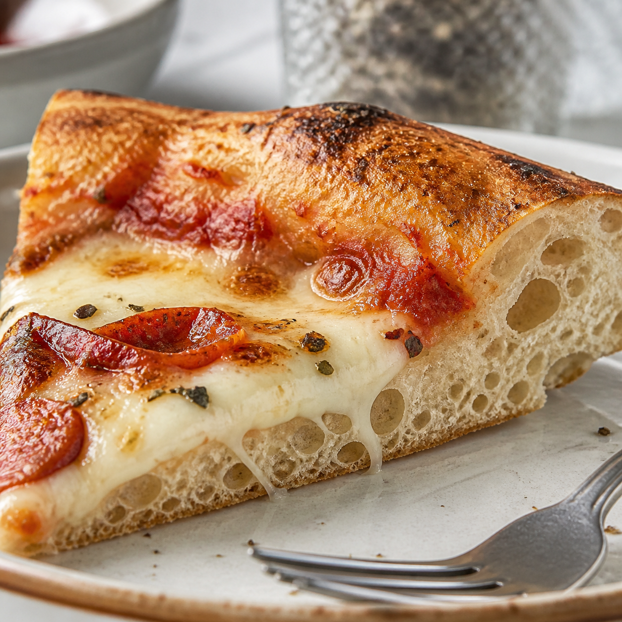 Detalhe da receita: pizza caseira com massa leve, borda crocante e recheio de muçarela