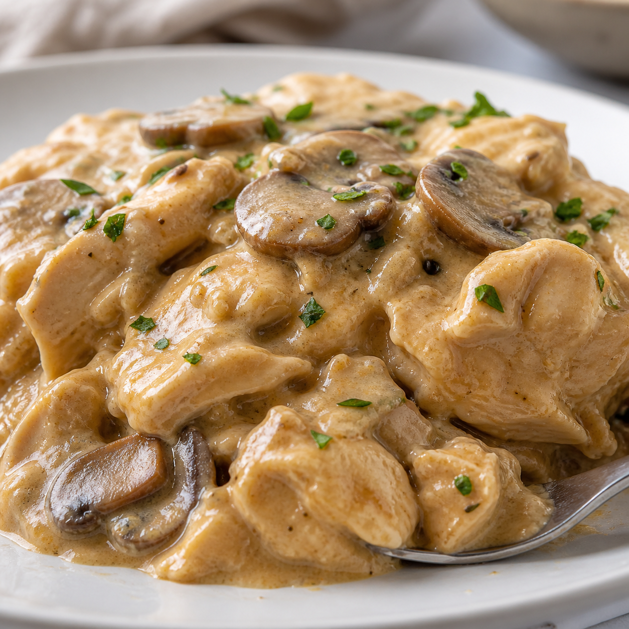 Detalhe da receita: strogonoff de frango brasileiro cremoso com cogumelos